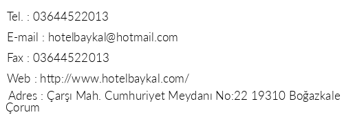 Hotel Baykal Boazkale telefon numaralar, faks, e-mail, posta adresi ve iletiim bilgileri